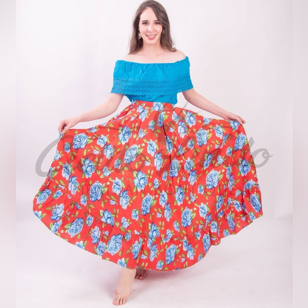Mexican Folklorico Red Floral Un Vuelo Skirt